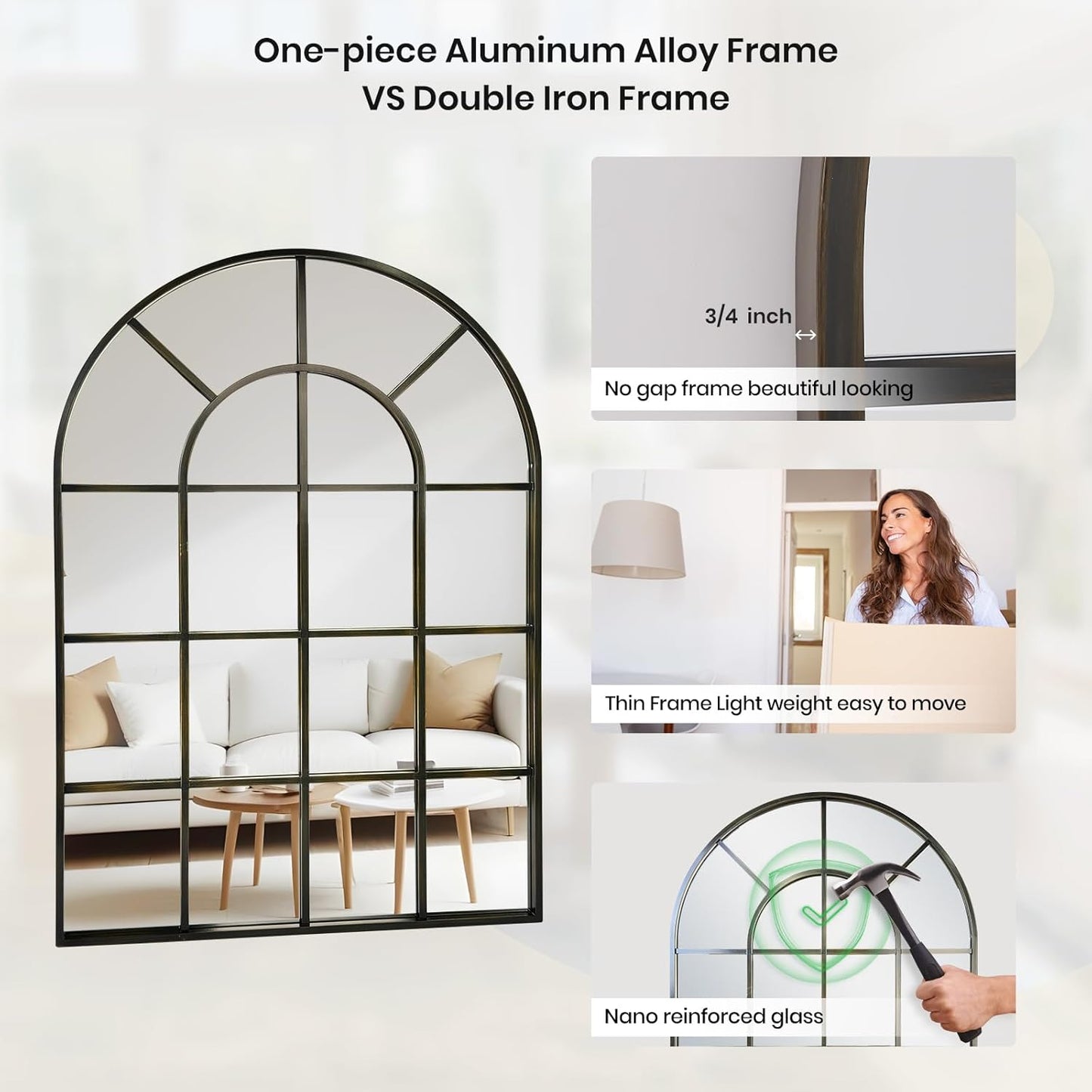 Arched Windowpane Wall Mirror 24"x36" Bronze Wall Mounted Art Pane Mirror Farmhouse Decorative Mirror Leaning Hanging Wall Mirror for Bedroom Living Room Entrance Hallway Wall Decor