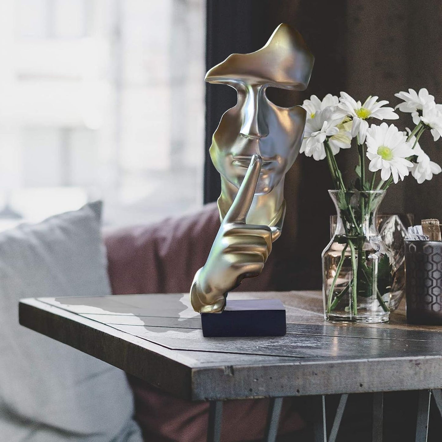 aboxoo Abstract Statues Silence is Gold Decorative Objects,Modern and Simple Resin Figurine,Desk Decoration for Office Home Piano Decor. (Silver)