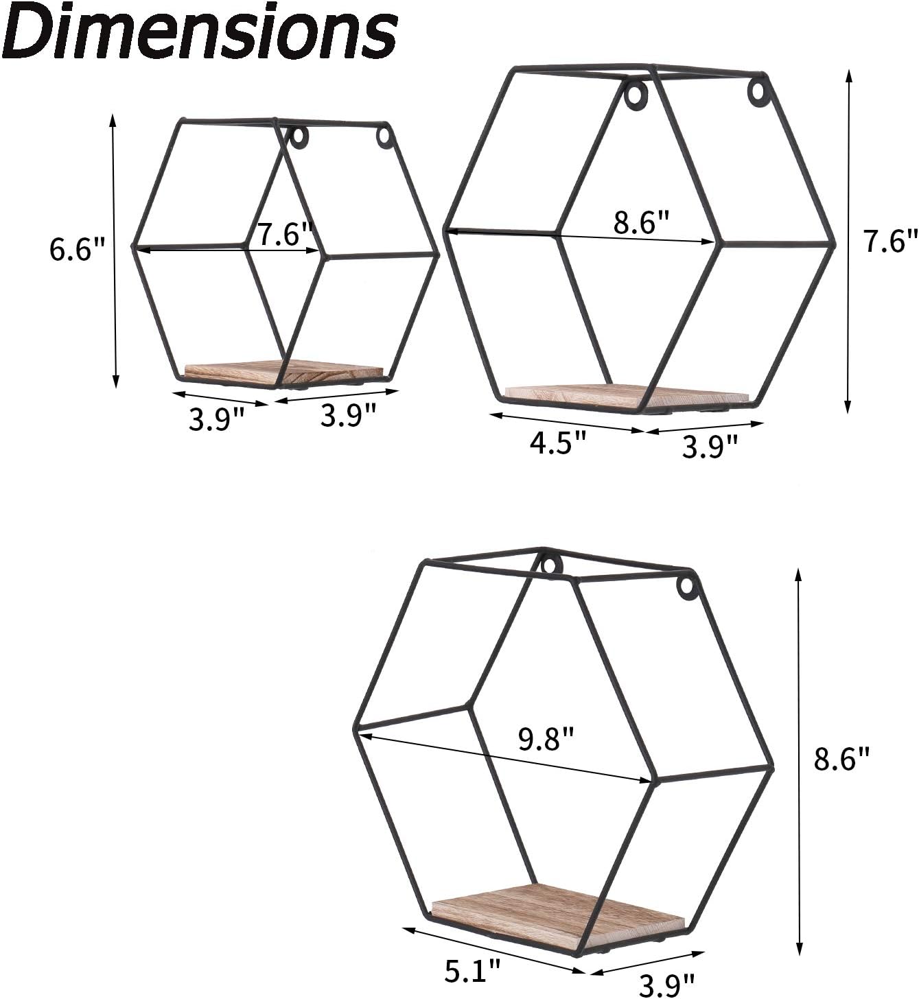 DRNCURN Hexagon Floating Shelves Wall Decor, Black Metal Wire and Wood Wall Mounted Storage Set of 3, Wall Mounted Wood Shelf for Bedroom, Living Room, Bathroom, Kitchen, Picture Ledge Shelf
