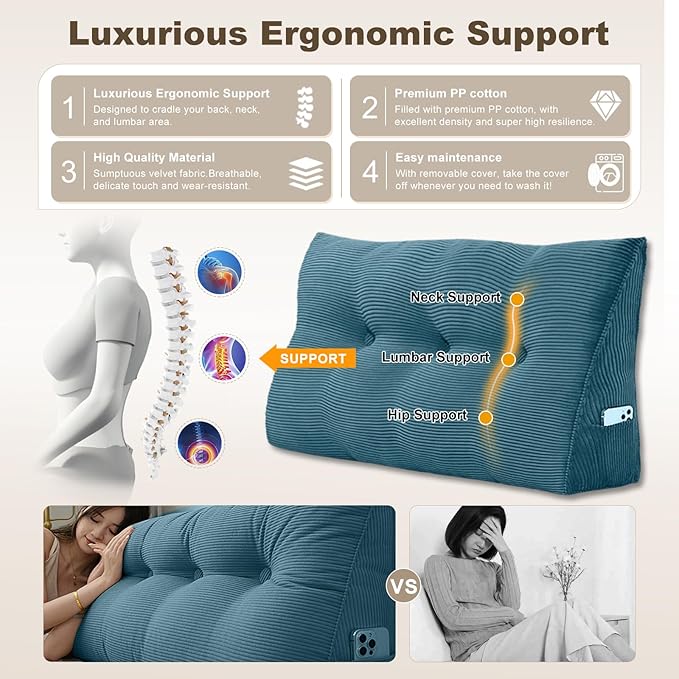 Headboard Pillow - Queen-Sized Headboard Wedge Pillow for Daybeds and Bunk Beds - Durable, Comfortable, with Removable Velvet Cover (Navy blue, 59x20x8Inches)