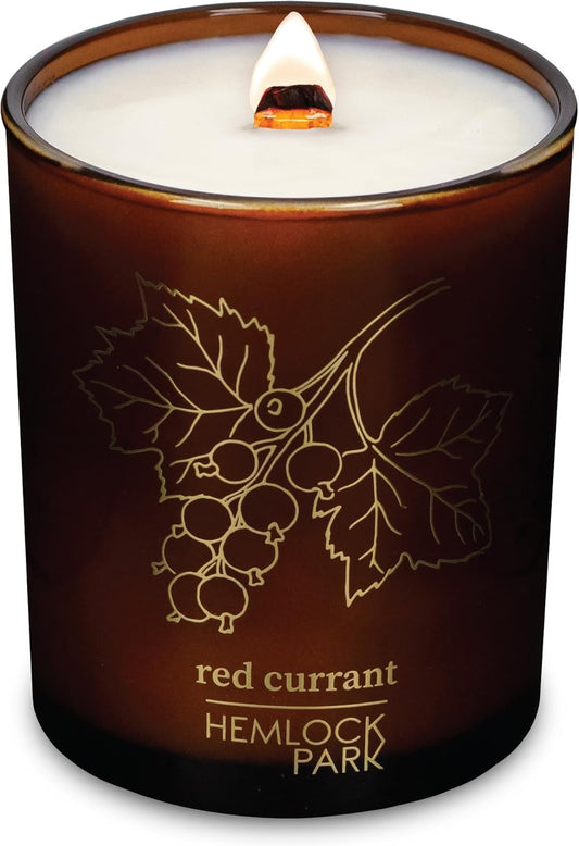 Hemlock Park Wood Wick Candle Handcrafted with Natural Coconut Wax and Essential Oils (Amber & Gold 7.2 oz, Red Currant)