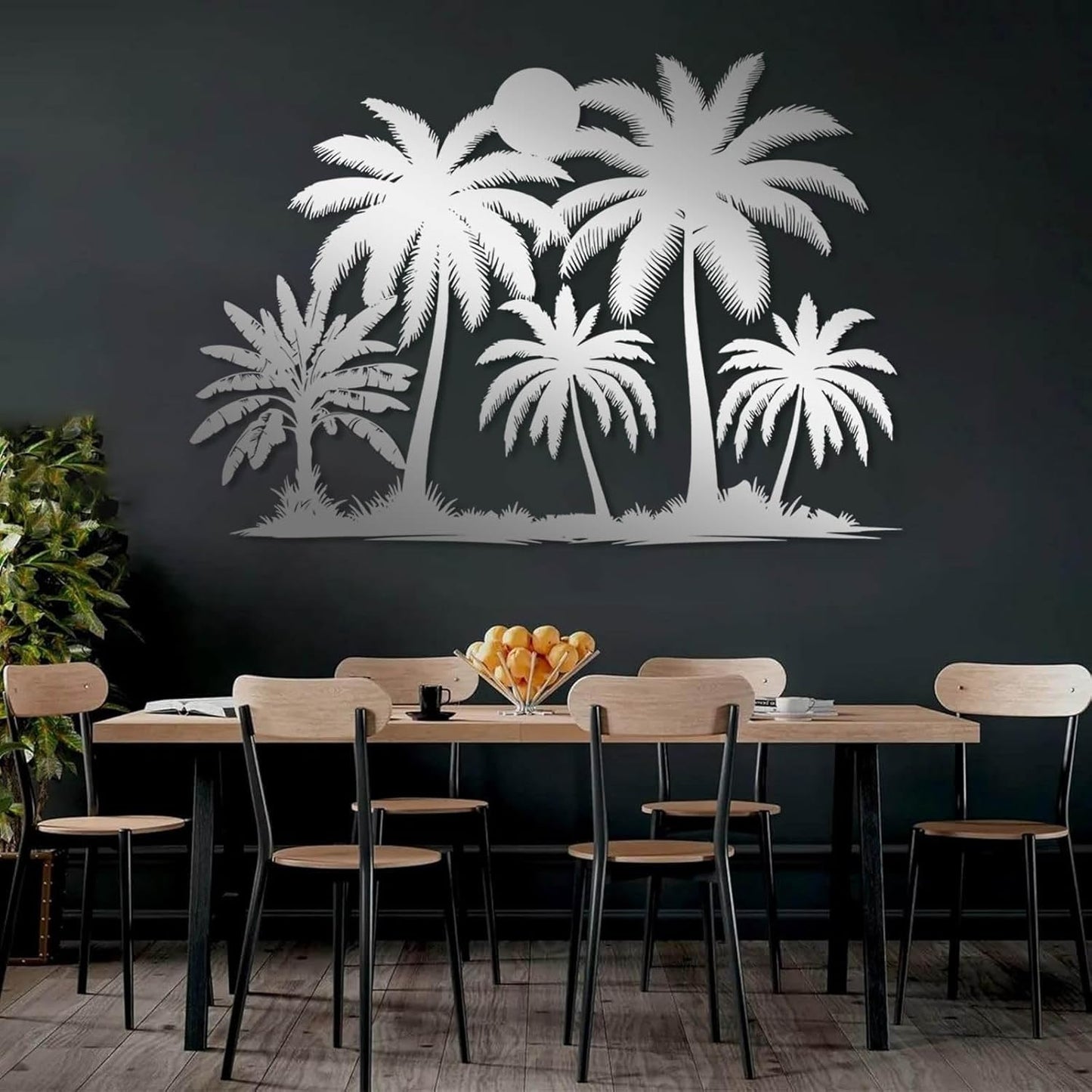 Tuglona Metal Palm Tree with Sunset Wall Decor, Tropical Palm Tree Metal Wall Art, Tropical Wall Decor, Sun Wall Art, Beach Wall Decoration, Coastal Trees Wall Hanging (Silver, 35"x25"/90x62cm)