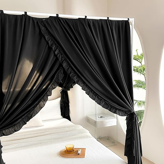 AIKASY Princess Canopy Bed Curtains with Top Ties - Windproof & Lightproof for Girls' Adult Bedroom Decor | Bed Canopy Drapes (Full,Black)