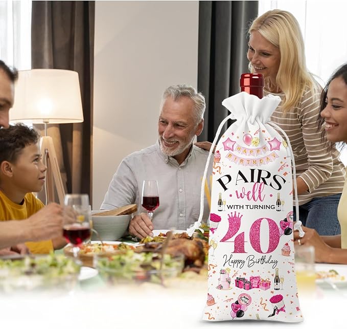 40th Birthday Gifts Women Men Wine Bag, 40 Year Old Birthday Gifts for Women Men, Happy 40th Birthday Party Decorations Woman Man, Pairs Well with Turning 40 Wine Bags (White Pink)