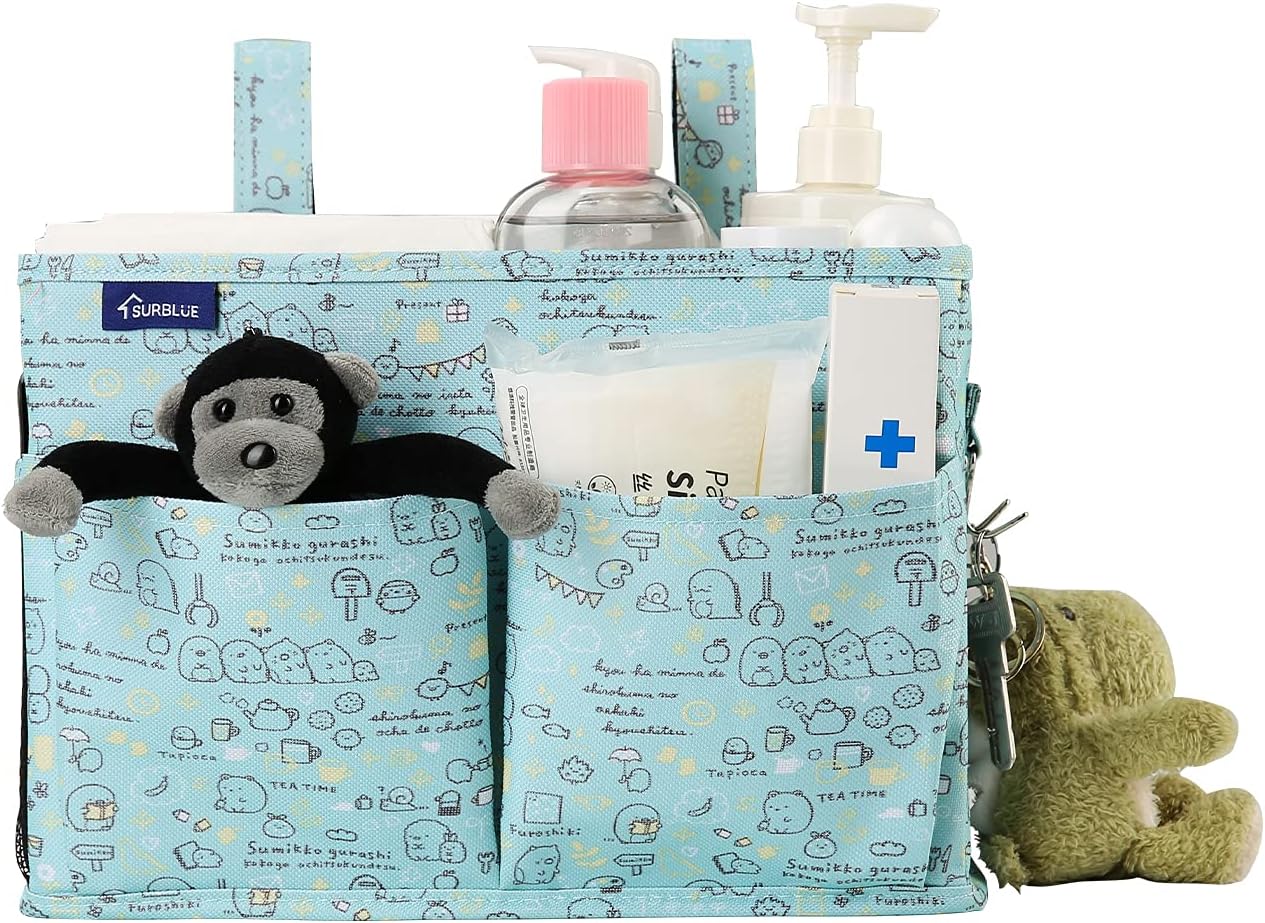 Surblue Bedside Caddy Hanging Bed Organizer Storage Bag Pocket for Bunk and Hospital Beds, College Dorm Rooms Baby Bed Rails,Camp Chiars，Wheelchair Side Bag，4 Pockets and 2 Hooks (Cartoon)