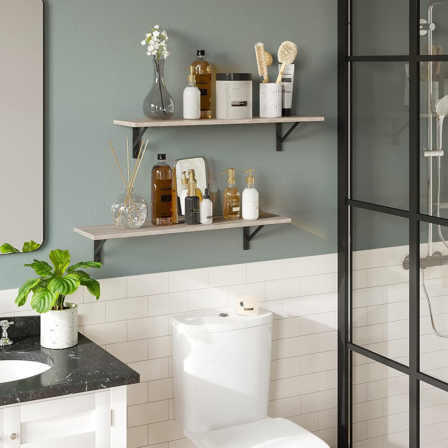 DINZI LVJ Wall Shelves, 23.6 x 7.9 x 6.1 Inch Floating Shelves for Wall, Set of 2, Easy-to-Install Wall Storage Ledges with Sturdy Metal Brackets for Living Room, Bathroom, Kitchen, Greige