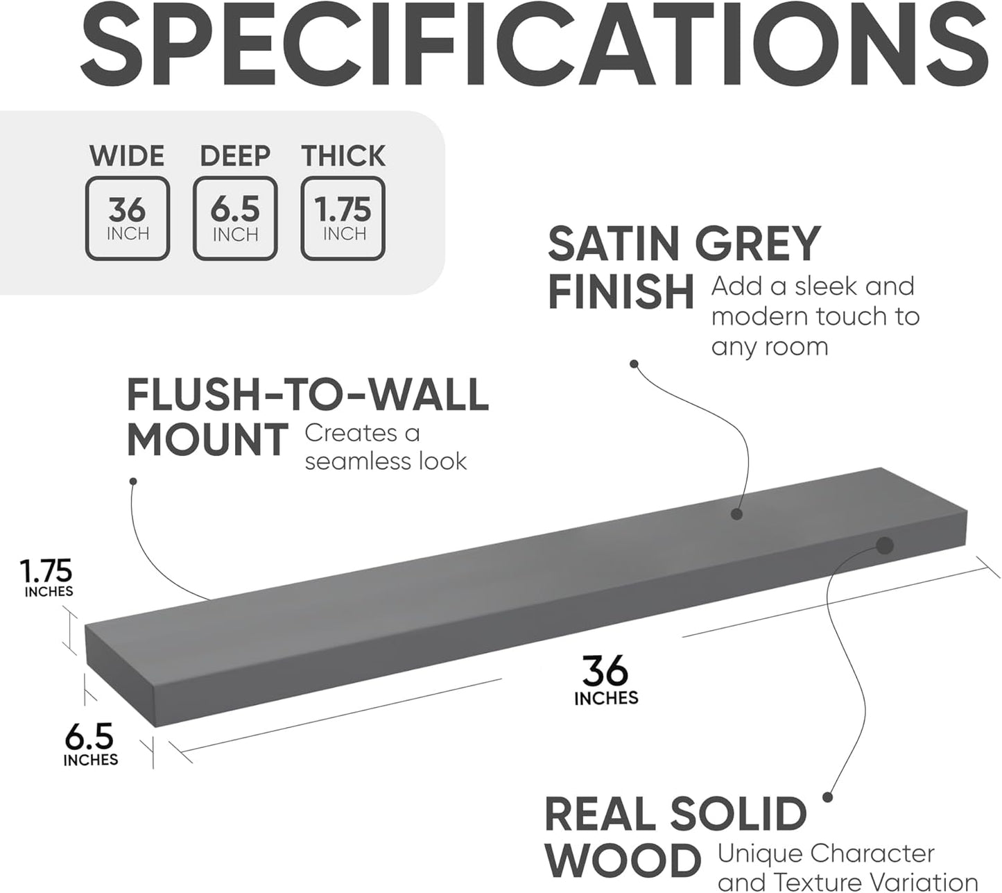 Homeforia 36 inch Gray Floating Shelves, High End Solid Real Wood 36inch Floating Shelf for Wall Mounted, Grey Wooden 36 inches Long Floating Shelves, Heavy Duty Bracket, 36 X 6.5 X 1.75 in, Set of 2