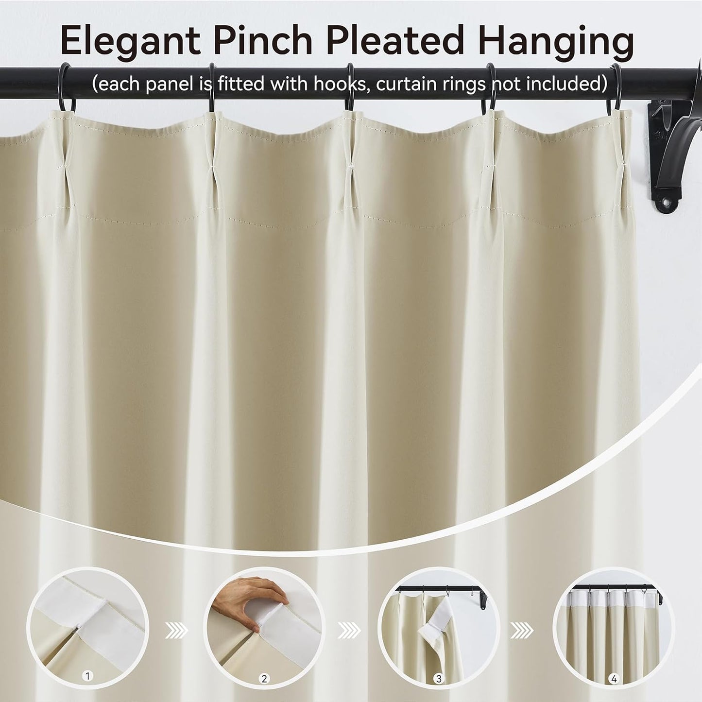 KangBang Cream Beige Pinch Pleat Room Darkening Curtains 96 Inches Long with Hooks, Energy Saving Blackout Memory Trained Pleated Window Treatments for Nursery Living Room, 40x96 Inch, 2 Panels
