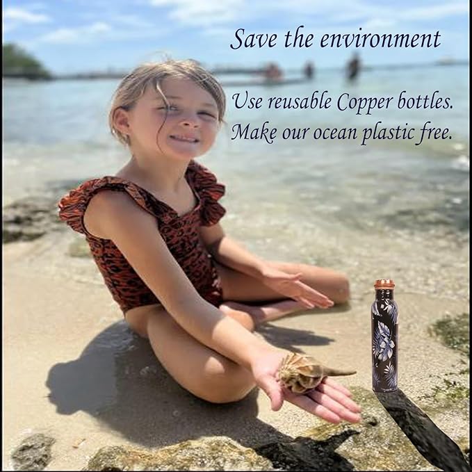 Pure Copper Water Bottle - Handcrafted - Ayurveda health benefits - Large 35 oz - Leak proof - Easy to carry for Sports, Fitness, Yoga, School - Indigo Blue Artistic Petals Motifs Enamel