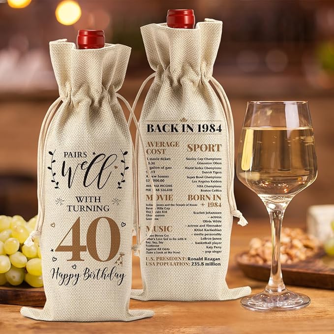 40th Birthday Gifts Women Men, Vintage Gifts for 40 Year Old Man Husband Wife Friends Brother Dad Mom Him Her, Happy 1984 40th Birthday Anniversary Decorations Wine Bag?Wine Gifts Wine Gift Bag