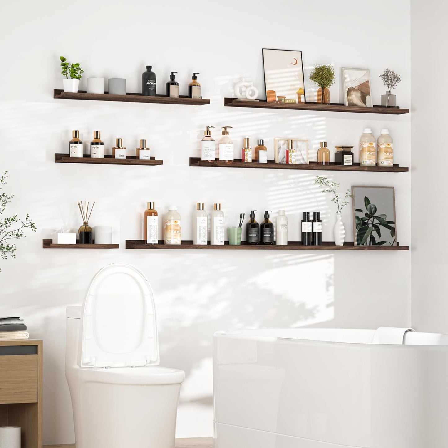 Heimlove Picture Ledge Shelf, Floating Shelves Set of 2, 24 Inches Picture Shelf for Wall with Ledge, Kids Bookshelf Wall Mounted for Living Room Bedroom Decor Books Photo Frames - Walnut