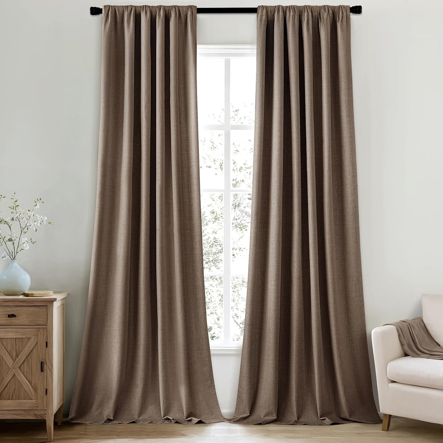 MIULEE 100% Blackout Curtains 84 Inch Long 2 Panels Set for Bedroom, Thick Faux Linen Black Out Curtain Room Darkening Back Tab Pleat Window Textured Drapes with Hooks for Living Room, Dutch Cocoa