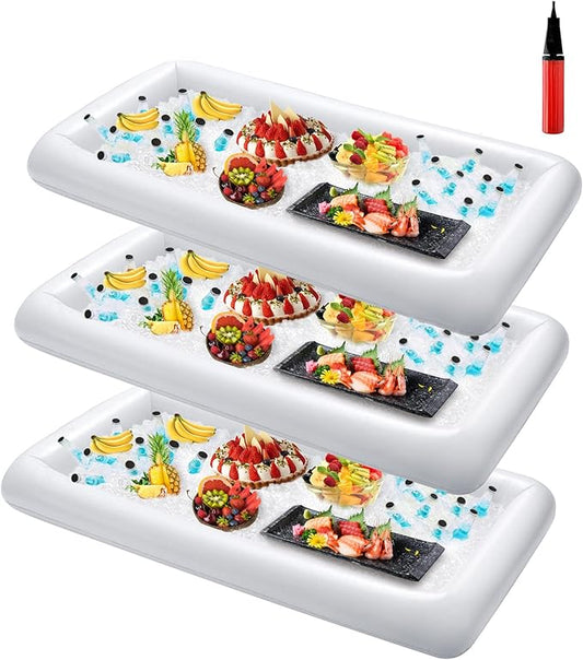 HBlife 3 PCS Inflatable Serving Bar, Salad Ice Tray Food Drink Containers with Drain Plug and 1 Hand Air Pump, Inflatable Buffet Cooler for Party Supplies