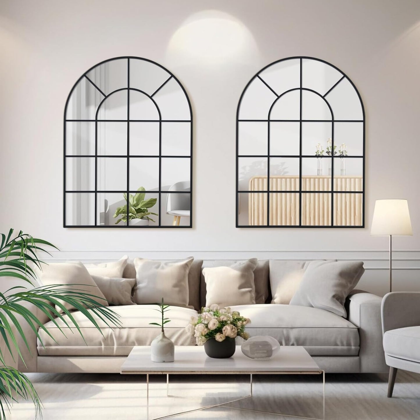 Arched Windowpane Wall Mirror 30"x40" Black Wall Mounted Art Pane Mirror Farmhouse Decorative Mirror Leaning Hanging Wall Mirror for Bedroom Living Room Entrance Hallway Wall Decor