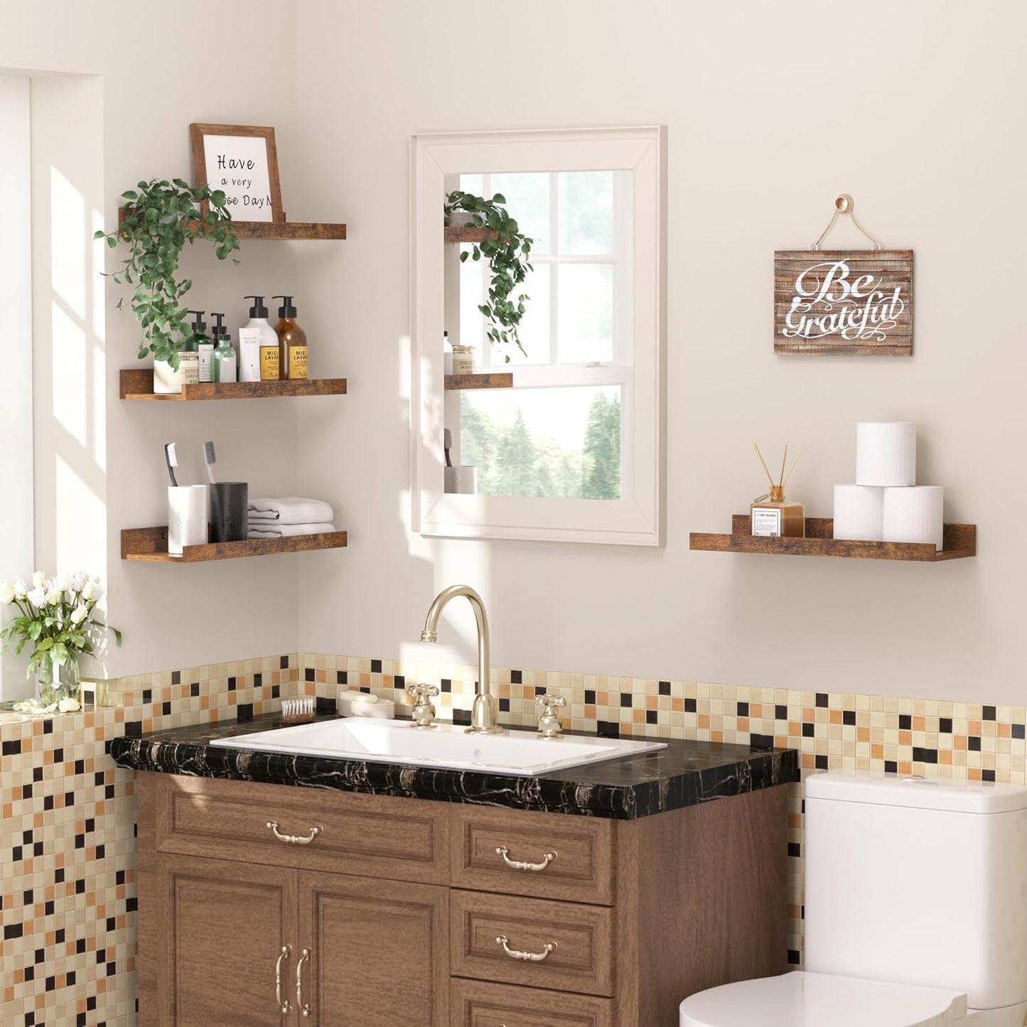 upsimples Floating Shelves for Wall, Wall Shelves for Decor Storage Set of 6, Wall Mounted Wood Shelf for Bedroom, Living Room, Bathroom, Kitchen, Picture Ledge Shelf, Brown