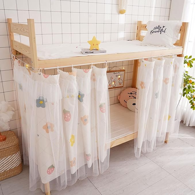 Beautiful Gauze Bunk Bed Curtains Drapes with Lace Privacy Bed Canopy for Bottom, 2 Panels, Flower Strawberry