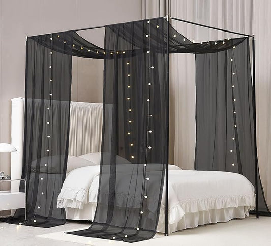 Akiky Canopy Bed Curtains with Light Princess Bed Canopy Scarf for Full/Queen Metal Bed Frame,Wood Frame Bed-2 Panel Sheer Curtain(Full/Queen,Black)