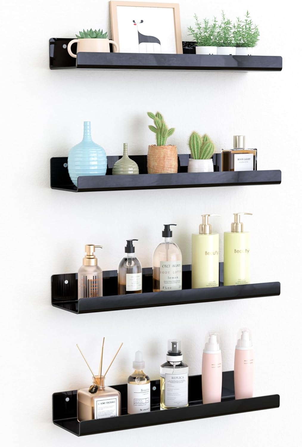 upsimples Acrylic Shelves for Wall Decor, 15" Display Shelf Perfume Organizer for Bathroom, Bedroom, Living Room, Floating Bookshelves for Kids, Black, 4 Pack