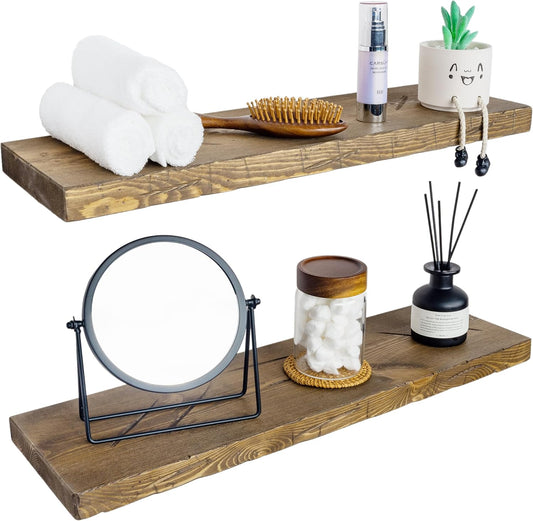 BGMG Wood Floating Shelves for Wall 30 inch, Distressed, Rustic Wooden Wall Mount Shelves for Bathroom Living Room Bedroom Kitchen Farmhouse Set of 2-30x6.7x1.25 inch-Distressed Walnut
