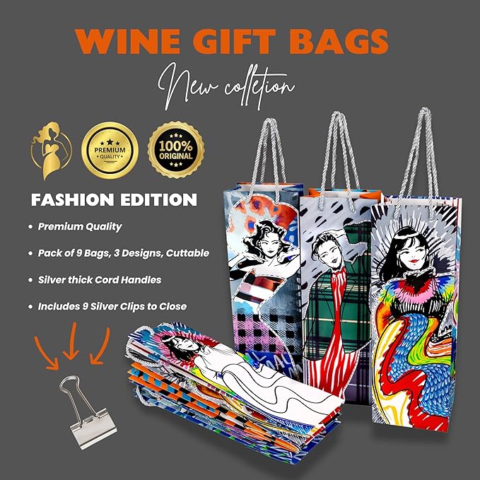 Generic 9 Wine & Bottle Bags, To Give Wine, Includes 9 Silver Clips to Close the Bag, with 250g Cardboard, Its Design Brings Originality to the Wine Gift Bag, 13.75 x 4.72 Inch