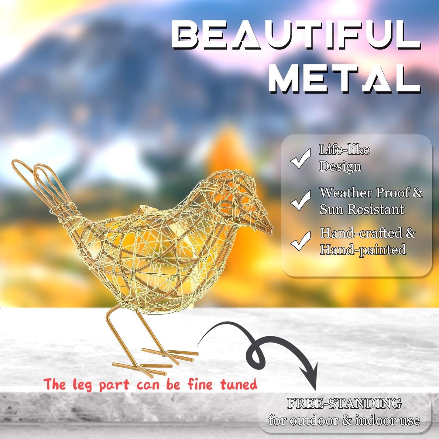 Artisan Handmade Gold-Wire Woven Bird Statues Trio Table Decor- Modern Farmhouse Shelf Decor with Hanging Chain, Multi-Pose Metal Bird Figurines for Home Office & Holiday Display