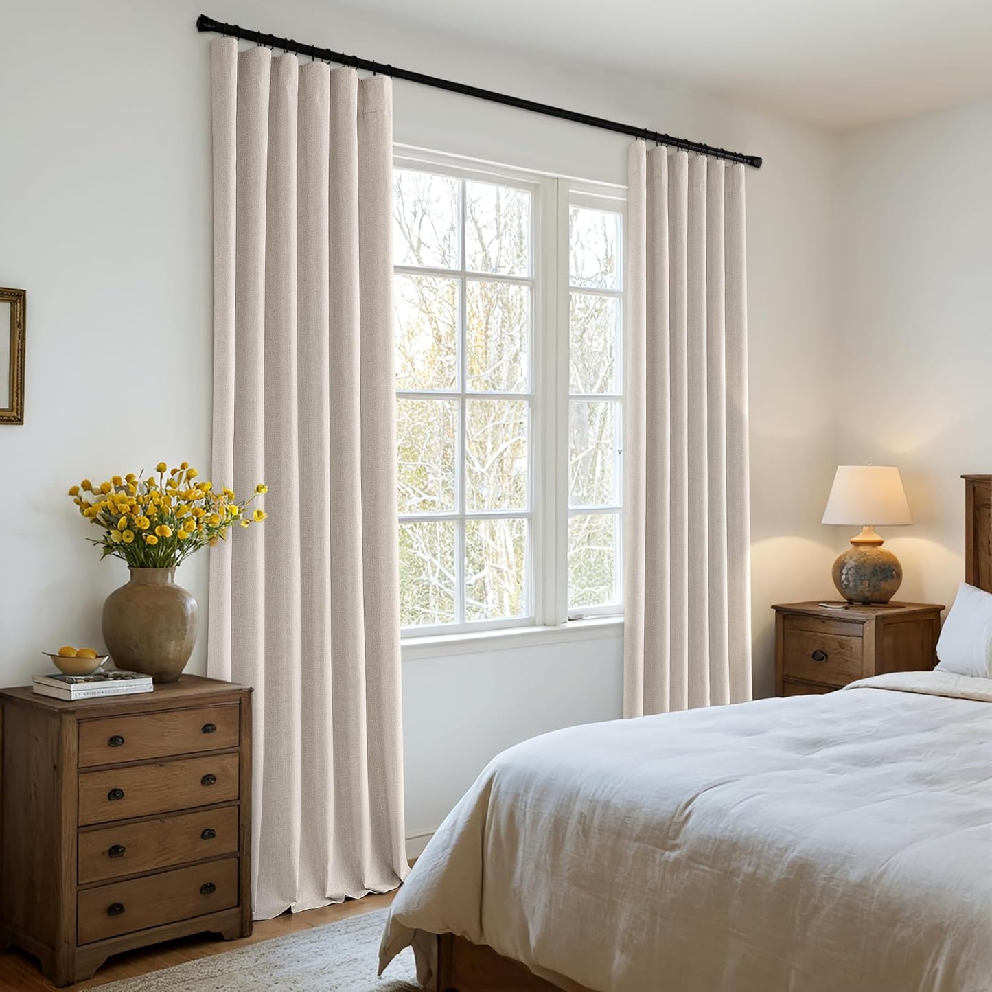 MIULEE 100% Blackout Curtains 102 Inch Long 2 Panels Set for Bedroom, Thick Luxury Faux Linen Black Out Curtain Room Darkening Back Tab Pleat Window Textured Drapes with Hooks for Living Room, Beige