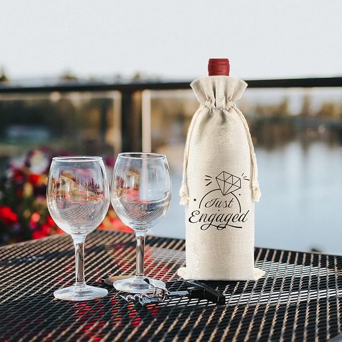 PLIGREAT 4 Pcs Cotton Linen Wine Bags, Reusable Wine Gift Bags with Drawstrings, Wine Bags for Wedding Engagement Party Bachelorette Party Congrats Gifts Bags Just Engaged Quote Wine Bottle Bags Bulk