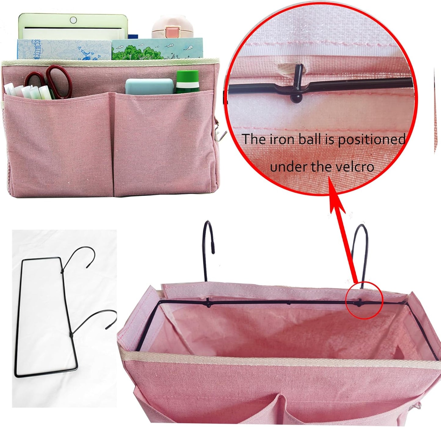 2-Pack Bedside Caddy Bedside Hanging Storage Basket Multi-Function Organizer Caddy for Bunk and Hospital Beds Dorm Rooms Bed Rails, Can be Placed Glasses Books Mobile Phones（2 pcs pink）