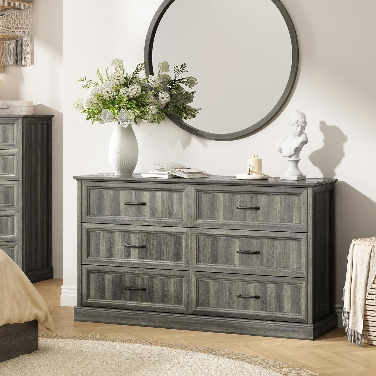 Farmhouse 6 Drawer Dresser for Bedroom, 55 Inch Wide Modern Grey Dresser TV Stand with Large Drawers & Bar Handles, Rustic Wood Chest of Drawers for Bedroom, Living Room, Hallway, Entryway.