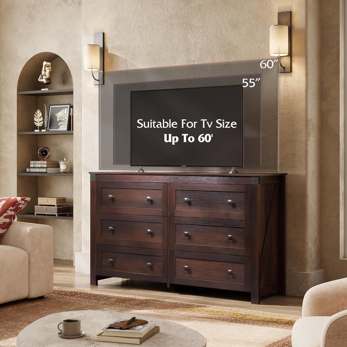 WLIVE Farmhouse 6 Drawer Dresser for Bedroom, 53.07'' Wide Wood Dresser, Storage Organizer with Double Rustic Handle, TV Stand for 60 inch TV, Chest of Drawers for Living Room, Hallway, Brown