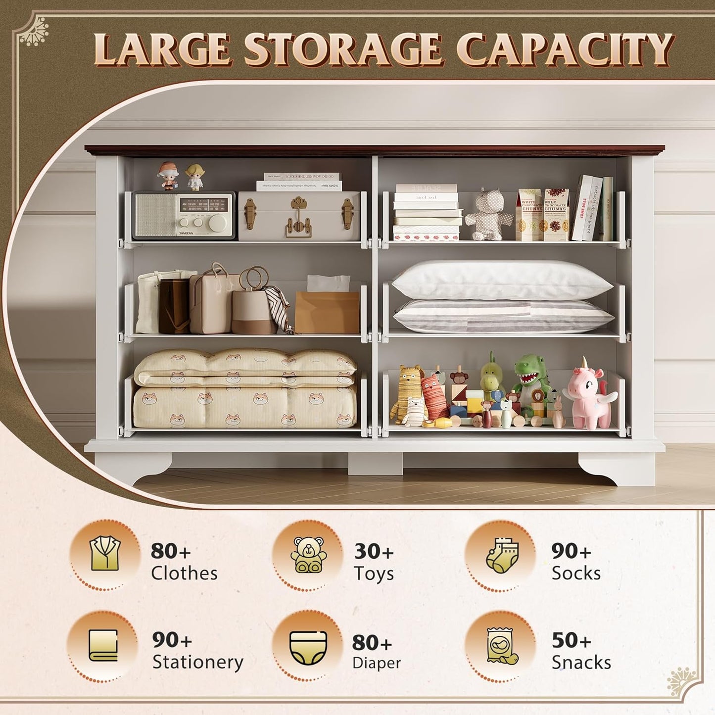 WLIVE Farmhouse Dresser for Bedroom, 51.97'' Wide Wood White Dresser with 6 Drawer, Chest of Drawers with Roman Metal Handle, TV Stand for 60 inch TV, for Living Room, Hallway