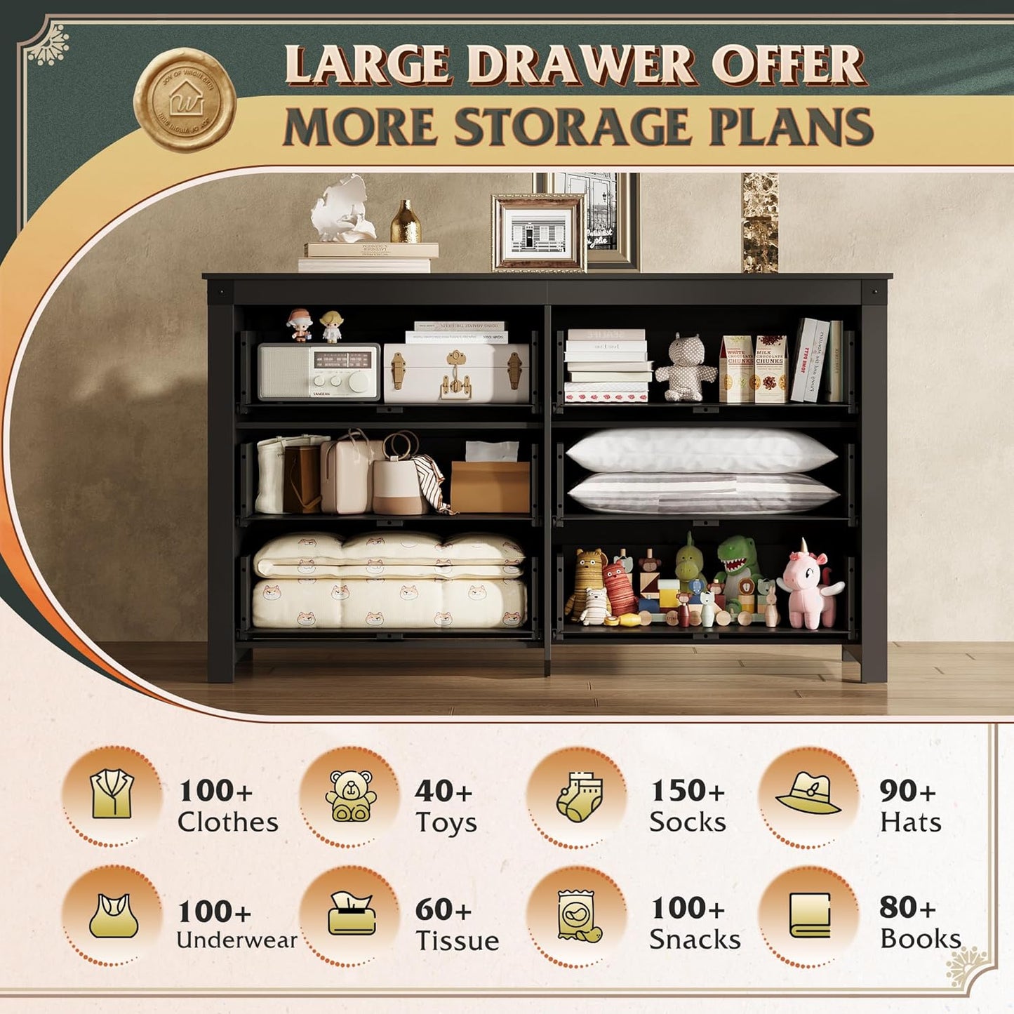 WLIVE Farmhouse Black Dresser for Bedroom, 53.07'' Wide 6 Drawer Wood Dresser, Chest of Drawers with Double Rustic Handle, TV Stand for 60 inch TV, Modern Clothes Organizer for Living Room, Hallway