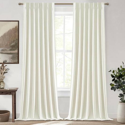 Ivory White Pinch Pleated Complete Blackout Curtains & Drapes 120 Inches Long 2 Panels Set, Flax Linen Room Darkening Soundproof Window Curtain for Bedroom/Living Room Track System(40"Wx120"L)