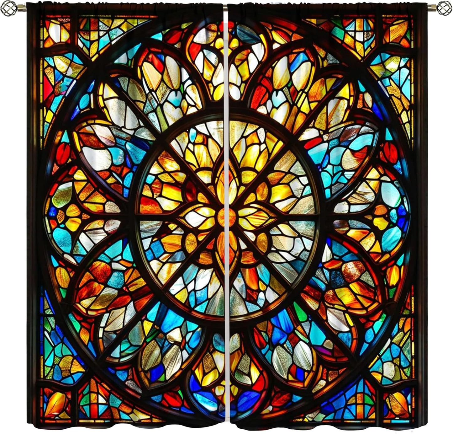 Stained Glass Curtains,Retro Mid Century Abstract Colorful Geometric Prints Home Decor Drapes for Bedroom Living Room Kitchen Window Treatment 2 Panels Set Total Size 52" W X 84" L Inch