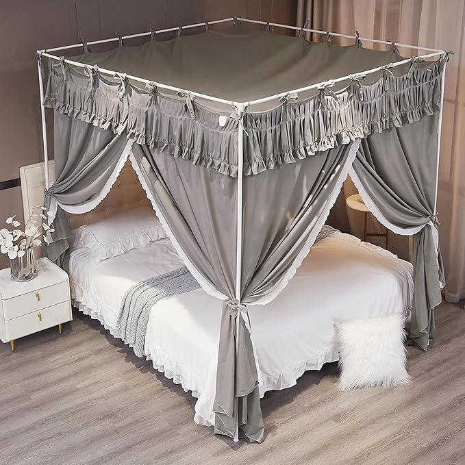 Ruffle Lace up 4 Corners Post Princess Curtain Bed Canopy Cozy Breathable Mosquito Net Cloth for Girls Adults Bedroom Decoration (Grey, 78" W*86" L*82" H/King)