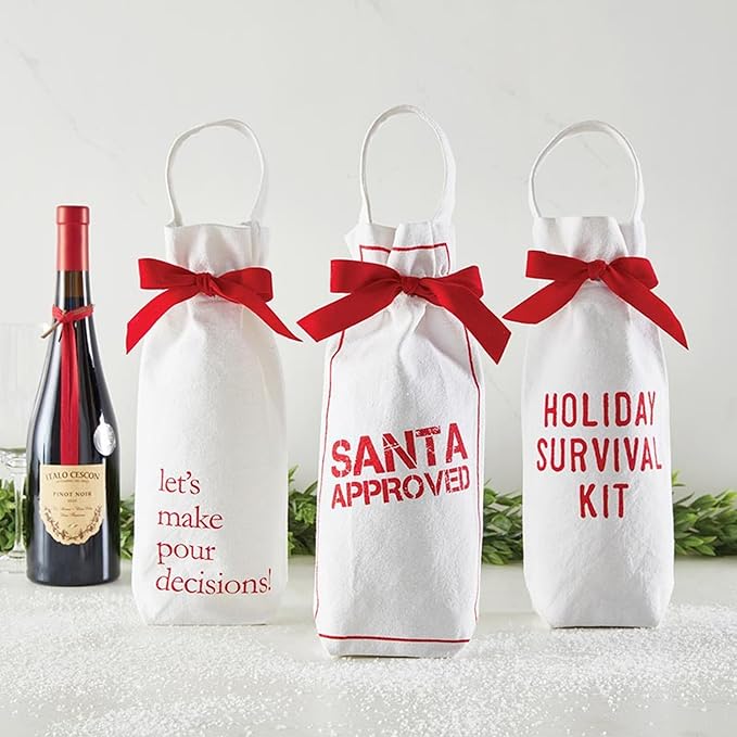 Santa Barbara Design Studio Christmas Canvas Wine Bag With Handle Face-to-Face Designs Designs Reusable Gift Tote, 6" W x 12.5" W x 2.5" D, Santa Approved