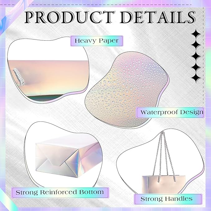 Dunzoom 12 Pcs Iridescent Summer Wine Gift Bags Bulk Holographic Wine Bottle Gift Bag with Handles 14 x 3 x 5 Inch Paper Goodie Bags Wine Bottle Gift Totes for Party Favor Christmas Wedding Birthday