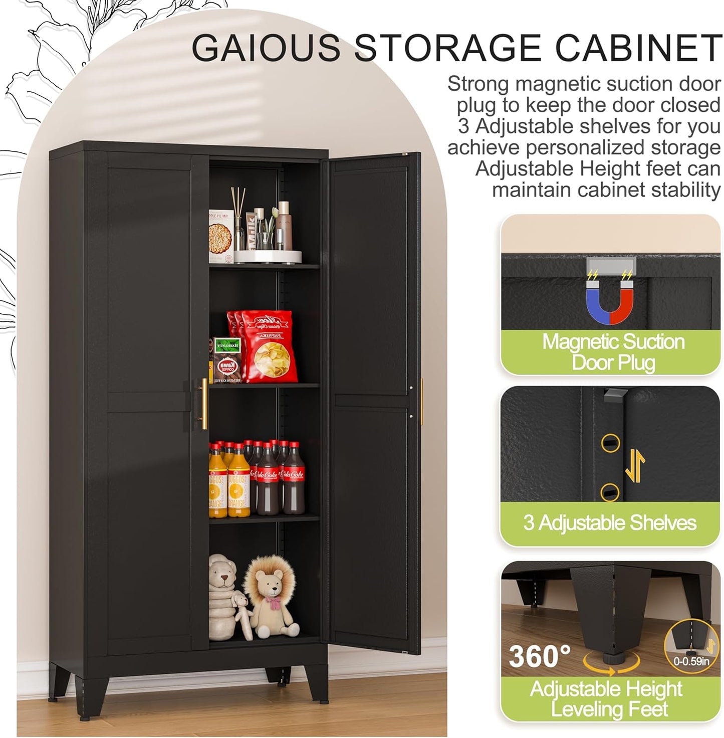 Metal Storage Cabinet With 2 Doors and 3 Adjustable Shelves, Black Kitchen Pantry for Food, Utility Cabinet for Laundry Room, Cupboard