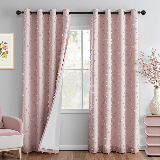 MYSKY HOME 100% Blackout Curtains for Nursery Thermal Insulated Blush Pink Pom Pom Curtain 72 Inch Length for Girls Bedroom 2 Panels Grommet White Sheer Drapes for Kitchen Dining Room Door, 52W x 72L
