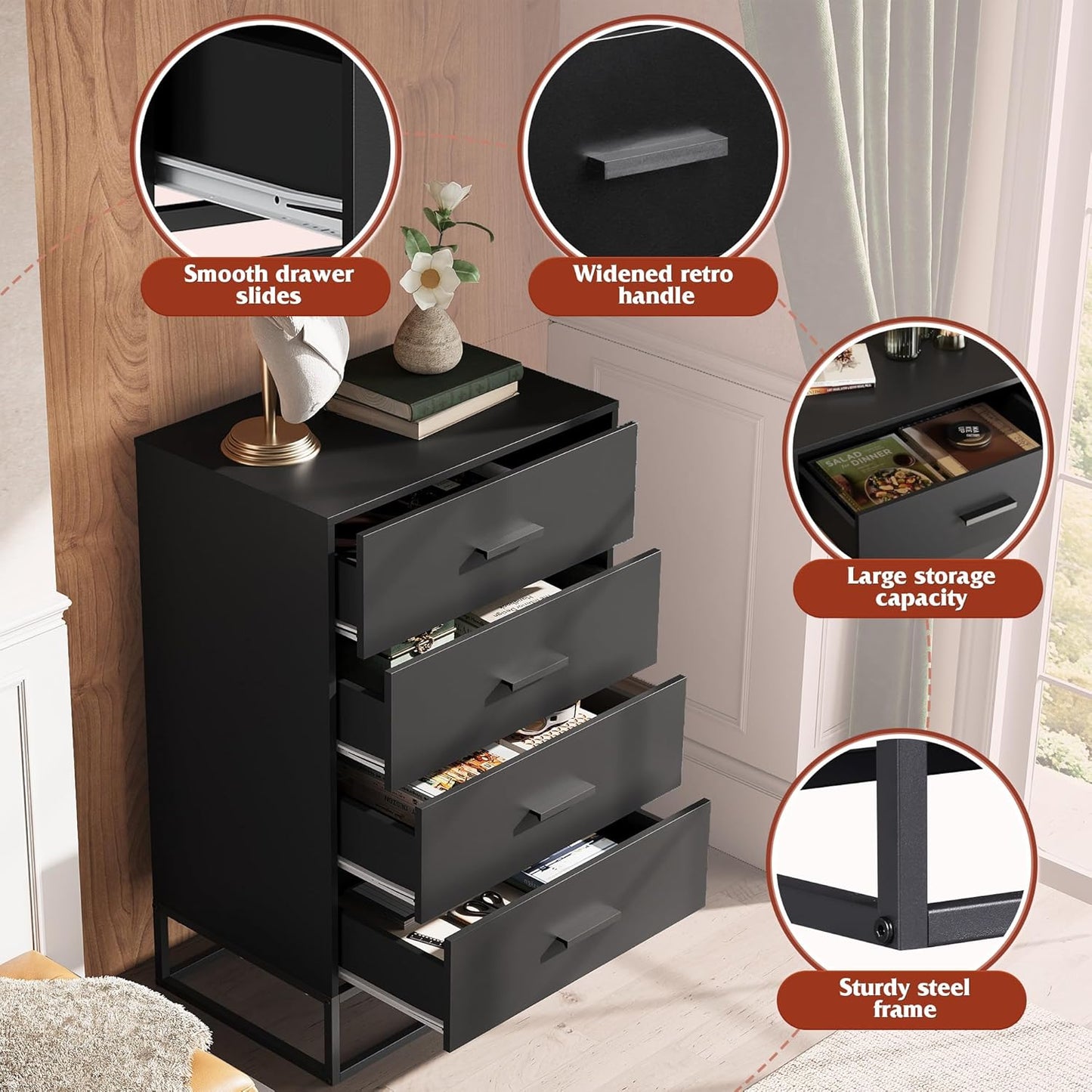 WLIVE Black Dresser for Bedroom with 4 Drawers, Tall Wood Dresser with Sturdy Metal Frame, Wooden Chest of Drawers for Hallway, Living Room, Closet