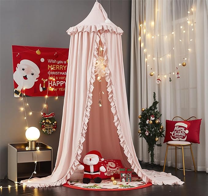 VETHIN Bed Canopy for Girls Kids,Princess Round Dome Children Dreamy Mosquito Net Bedding Girls Room Castle Play Tent Hanging House Decor Reading Nook Canopies (Beige Pink)