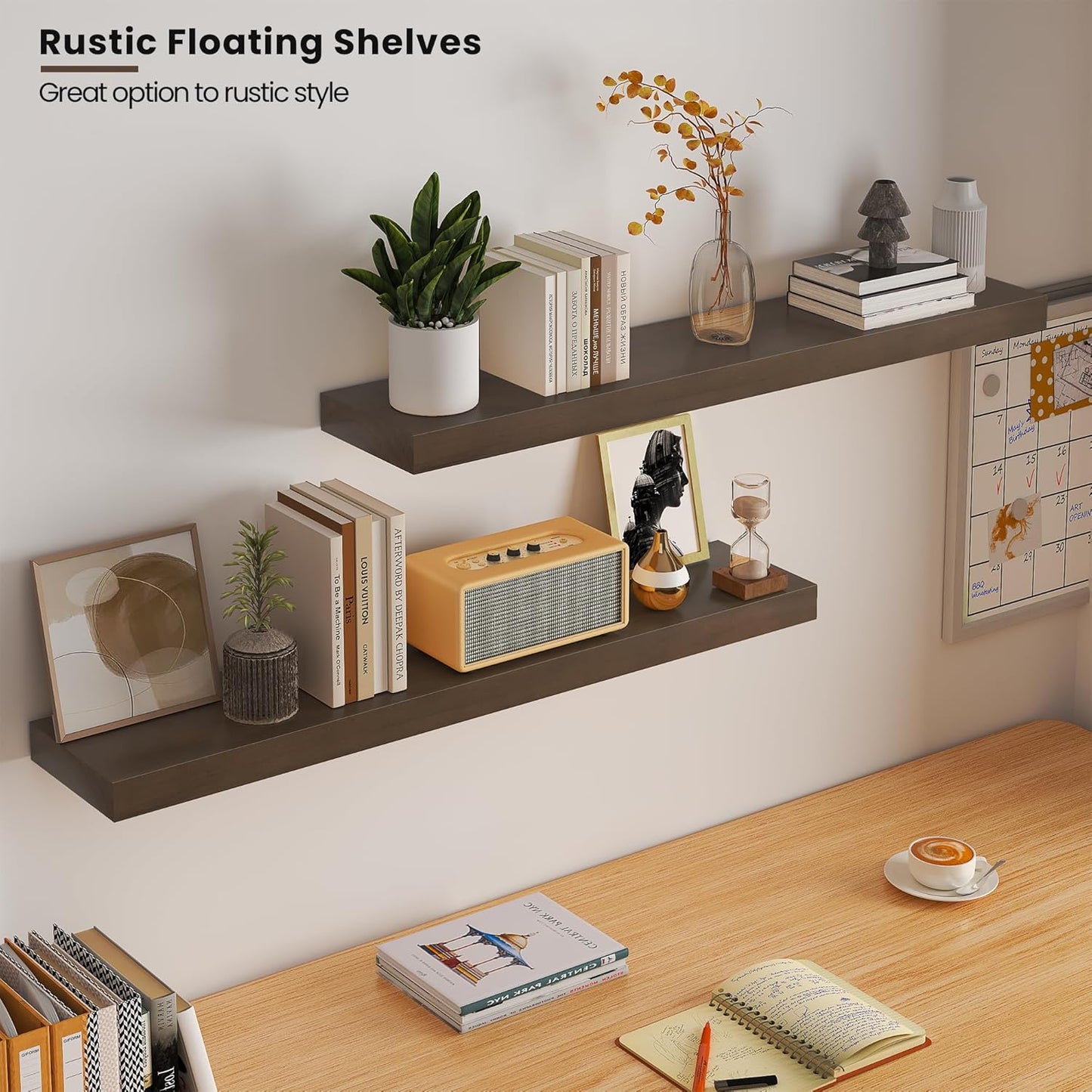 Wood Floating Shelves for Wall 36” x 8”x 1.4” Shelf Floating Rustic Farmhouse Decor, Heavy Duty Shelf Hold 80 lbs, Wall Shelves for Bathroom Living Room Kitchen Bedroom Office, 2 Packs Walnut