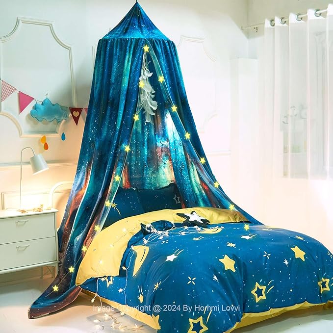 Galaxy Print Kids Bed Canopy, Girls Princess Bed Canopy Dreamy Room Decor, Soft Hanging Reading Nook Play Tent Canopy, Extra Large Full Size Bed Canopy with String Light