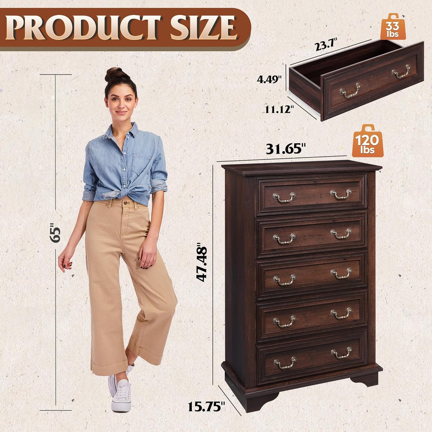 WLIVE Farmhouse Dresser for Bedroom, Tall Wood Dresser with 5 Drawer, Chest of Drawers with Roman Metal Handle for Living Room, Hallway, Closet, Brown