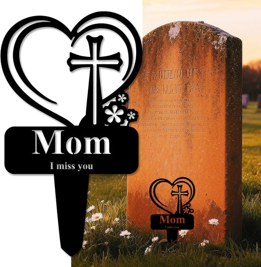 Mom Memorial Grave Stake, Cemetery Decorations for Grave Markers 12.5 x 7.2 inch Heart Metal Sympathy Stakes Graveside Plaque Decor Sign for Mother Graves, Yard, Garden - Black-Mom