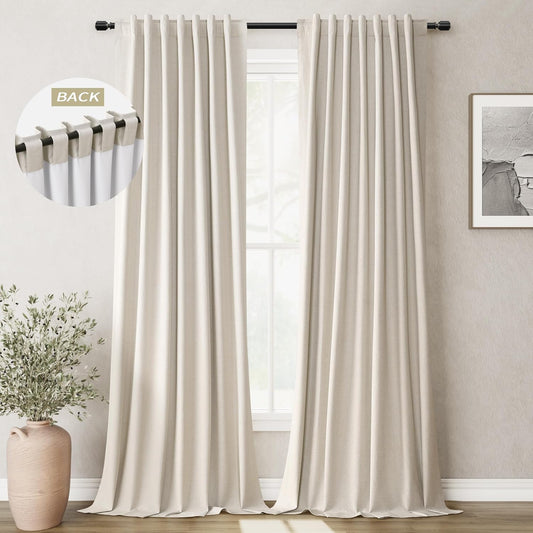 Greyish Beige Linen Black Out Curtains 84 Inch Long 2 Panels Set for Bedroom Light Blocking Curtains Greige with 100% Blackout Backing Light Taupe Thermal Insulated Room Darkening Curtain Drapes