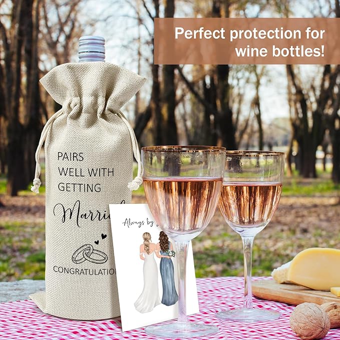 Wedding Wine Gift Bags & Card, Bridal Shower Gift Engagement Gifts for Bride Bride-to-be Newly Engaged Couples Friends, 1 pcs Reusable Burlap Wine Gifts Bags for Wine Bottles, Wedding Party Favor -04