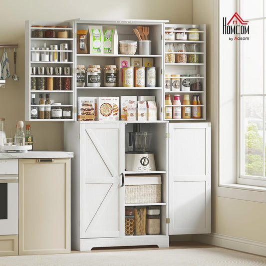 HOMCOM 72" Farmhouse Kitchen Pantry Cabinet, Freestanding Tall Storage Cabinet with 4 Barn Doors, 4 Adjustable Shelves and 8 Door Shelves, Embossed White Wood Grain