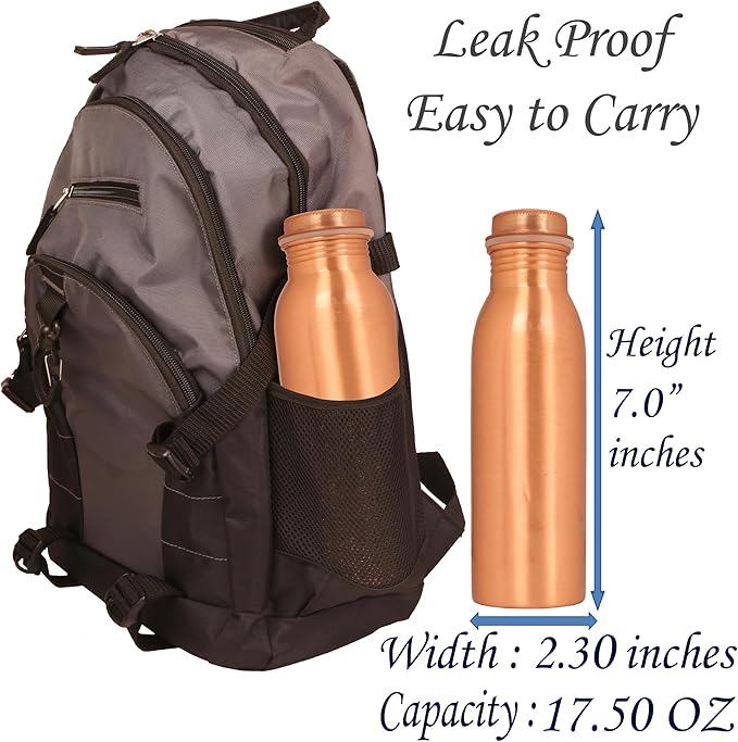 Pure Copper Water Bottle - Handcrafted - Ayurveda health benefits - Large 17.50 oz - Leak proof - Easy to carry for Sports, Fitness, Yoga, School - Natural Copper Finish