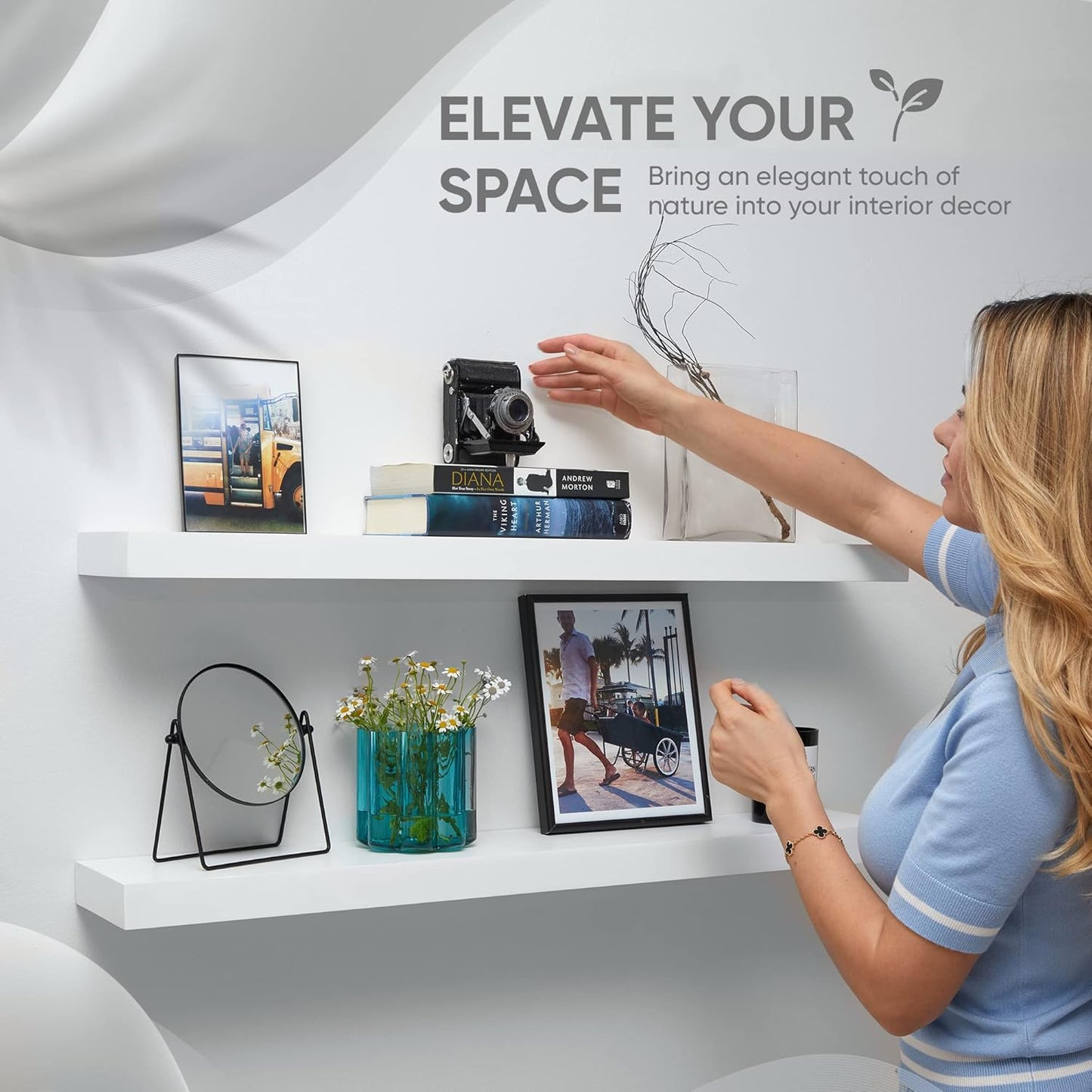 Homeforia White Floating Shelves 30 inch, High End Solid Real Wood 30inch Floating Shelf for Wall Mounted, White Wooden 30in Long Floating Shelves, Heavy Duty Bracket, 30 X 6.5 X 1.75 inches, Set of 2